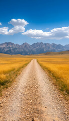 Fototapeta premium Scenic gravel road leading to majestic mountains under a vibrant blue sky