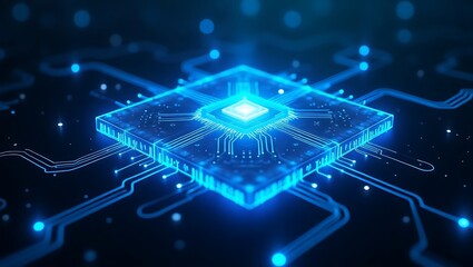 Glowing Blue Microchip with Circuitry Design on Dark Futuristic Background