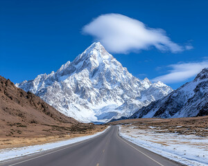 Scenic highway leads to majestic snow-capped mountain peak under a vibrant blue sky