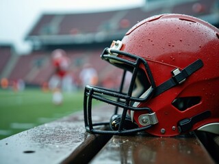 Football helmet is sitting on a bench in the rain. The helmet is red and black. The bench is wooden and wet
