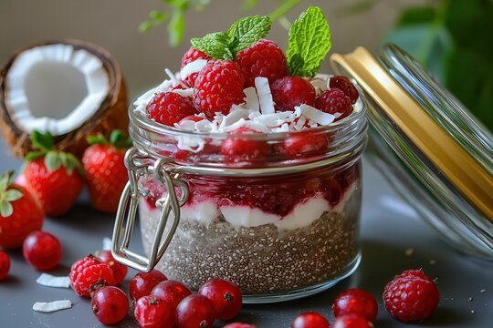 Chia seed vegan healthy fats boost. Delicious layered fruit parfait in a glass jar with coconut flakes.