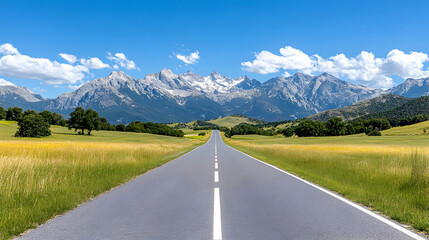 Fototapeta premium Scenic highway vanishing into majestic snow-capped mountains under a vibrant blue sky