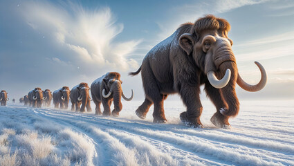 Herd of woolly mammoths walks across a snowy plain with tall grass during the Pleistocene Epoch, showcasing their immense size and thick fur