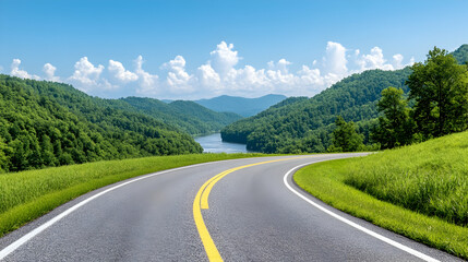 Scenic mountain road curves around lush green hills and a tranquil lake under a bright blue sky