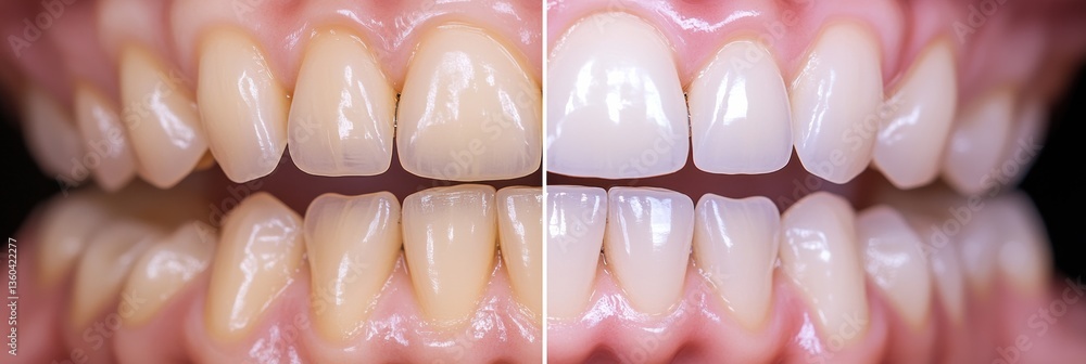 Poster split-screen view presents a clear contrast between uneven teeth before treatment and a flawless whi