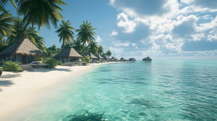 Naklejka premium A beautiful coastal landscape with huts, swaying palm trees, and clear blue waves