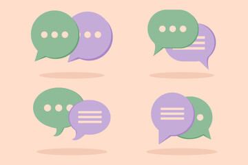 Set of pastel green and purple speech bubbles. Texting, communication. Vector elements.