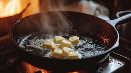 Butter melting in a cast iron pan, foaming and sizzling, deep golden tones and rustic kitchen backdrop