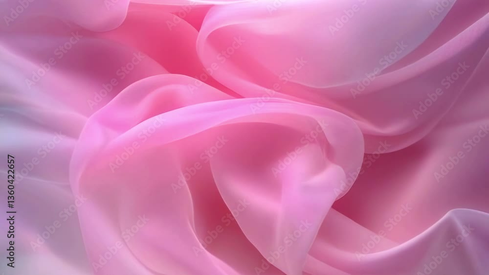 Poster Graceful waves of lightweight fabric that gently ripple and dissolve. Primary colors are pink with accents of soft blue glow. The visual style combines minimalism with modern abstraction