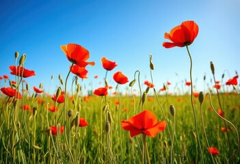 Obraz premium Crimson poppies sway gently in a sun-drenched field, plant, field of poppies
