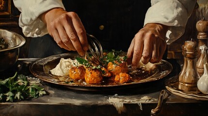 Close-up of a chef's hands garnishing a gourmet dish with precision. 