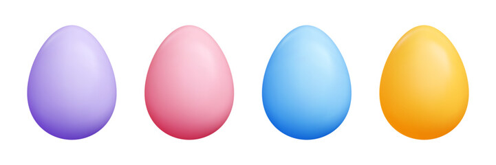 3D colorful Easter eggs set - purple, pink, blue, yellow realistic egg shapes with plastic glossy surface. Festive spring pastel colors decoration elements for holiday design, greeting card, banner.