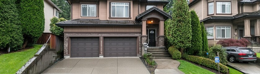 Suburban home showcasing architecture with greenery in driveway setting for real estate