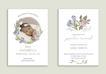 Baby Gender Reveal and Baby Announcement Watercolor Invitation Card Set with watercolor floral designs, delicate hand-drawn elements, and editable text.