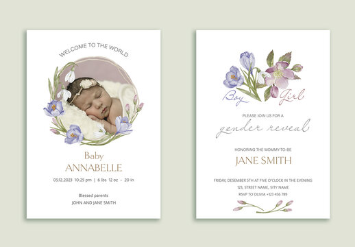 Baby Gender Reveal and Baby Announcement Watercolor Invitation Card Set with watercolor floral designs, delicate hand-drawn elements, and editable text.