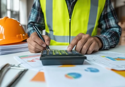 Construction engineer calculating and taking notes on project budget and costs
