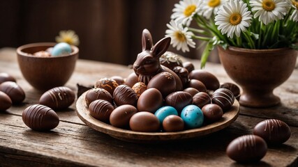 Un lapin et des oeufs en chocolat dans un plat en bois.