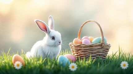 Petit lapin blanc et d'oeufs de Pâques dans un panier