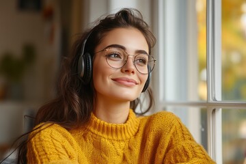 Smiling Woman in Yellow Sweater Enjoying Music by the Window with Headphones