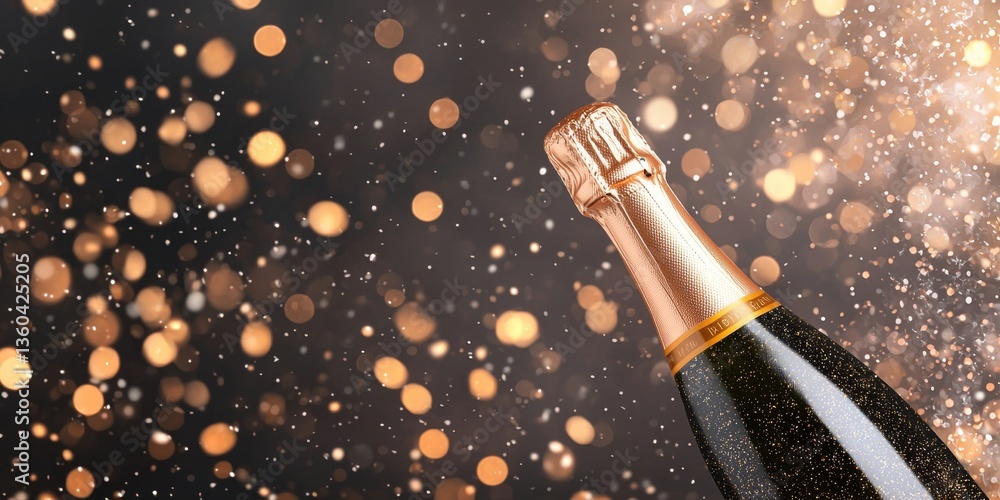 Poster close up of champagne bottle with sparkling bokeh background