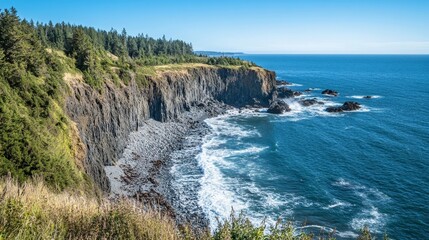 A coastal cliff overlooking the ocean, with waves crashing below. 