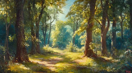 Naklejka premium A secluded forest glade with sunlight filtering through the trees, casting shadows on the ground. 