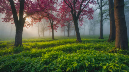 Fototapeta premium foggy morning in a spring park