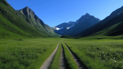 Serene mountain valley path.  Green meadows stretching towards distant peaks, a well-worn trail meanders through.  Vast open space, ideal for hiking or exploration.  Sunny day, clear blue sky