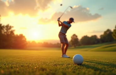 Naklejka premium Golfer swings golf club striking the ball on green golf course at sunset. Golf ball ready for the tee shot. Sport, recreation, leisure activity at golf club. Summer fun on course.