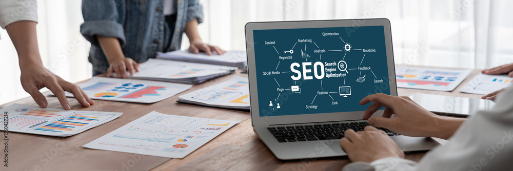 Poster SEO search engine optimization for brisk e-commerce and online retail business showing on computer screen