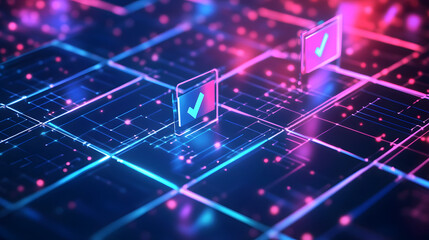 Digital Confirmation: A vibrant, futuristic image showcasing digital confirmation, with glowing checkmarks appearing on a digital interface, representing validation and success. 