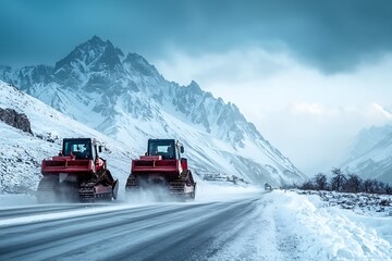 Snowplows clearing mountain highway.