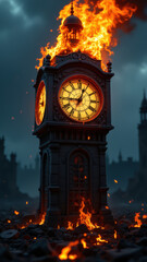 A burning clock tower amidst a wildfire scene.