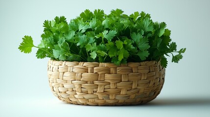 Naklejka premium **A small pile of coriander leaves inside a tiny woven basket, placed against a white background.
