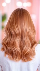 Naklejka premium Long Wavy Light Brown Hair Woman Back View White Sweater Pink Background