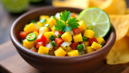 A close-up shot features a rustic bowl filled with vibrant mango salsa, garnished with fresh parsley and a lime wedge
