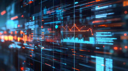 Fototapeta premium Digital Data Streams: A vibrant digital visualization of data streams and network activity, rendered in neon blue and orange hues.