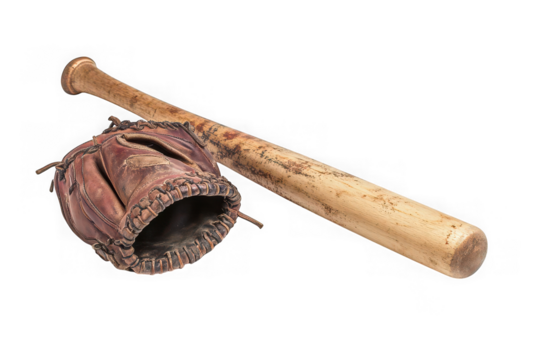Old wooden baseball bat, ball, and glove with kitchen tools like rolling pin, hammer, and mallet in the background