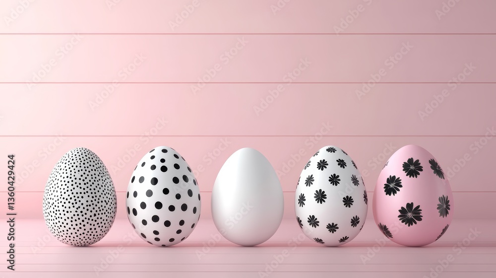 Poster decorated easter eggs arranged on a pink background showcasing various patterns in a creative displa