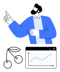 Man gestures toward data chart showing growth. Adjacent cherries symbolize harvest, potential. Ideal for growth, productivity, analysis, progress, presentation strategy data visualization. Flat