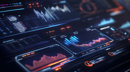 Obraz premium Futuristic Digital Interface: Complex data visualizations illuminate a sleek, high-tech interface, representing modern technology and data analysis