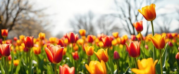 Obraz premium Vibrant tulips bloom in a sun-drenched spring meadow, Easter backdrop, sun, nature photography, holiday