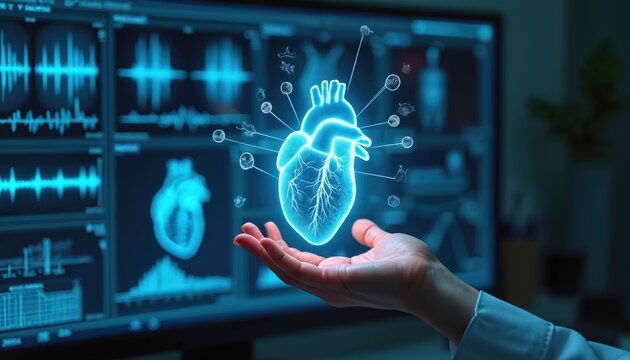 Radiologist examines virtual heart, using modern screen tech for diagnostics. Person hand holds glowing heart image, connected with data visualizations. Medical tech, cardiological health, innovative