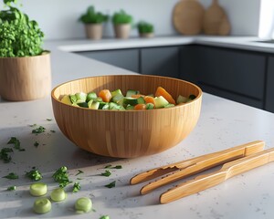 A modern kitchen countertop with a bamboo salad bowl a set of wooden tongs and freshly chopped vegetables