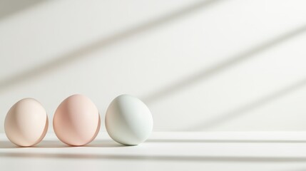 Colorful eggs arranged on a clean surface with soft shadow patterns, showcasing minimalistic design elements in natural light