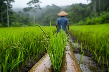 Farmer walking in rice paddy during rain in asia