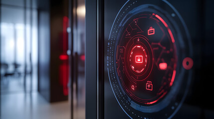 Technological Interface: A close-up of a sleek, glowing red technological interface, hinting at advanced functionality in a modern office environment, emphasizing data and security. 