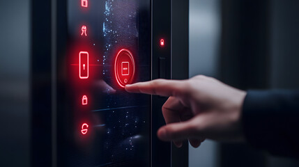 Fototapeta premium Reaching New Heights: A hand presses the button to summon or select a floor in a modern elevator, hinting at upward mobility, and technological advancement
