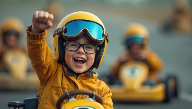 Young boy wearing glasses, helmet, protective gear celebrates victory in kart race. Raises fist, showing joyful emotion, excitement, youthful exuberance. Kart racing competition, childhood fun,