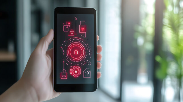 Smartphone Cyber Security:  A hand delicately holds a smartphone displaying a captivating cyber security interface, brimming with red symbols signifying protection and safety. - Powered by Adobe